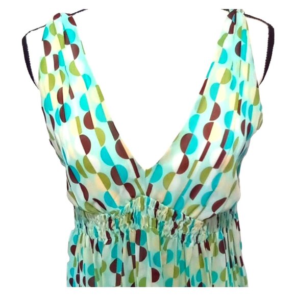 Blu Sage Chiffon Dress Sz 10 Colorful Blue Sheer Overlay Geometric Circles - Picture 2 of 8